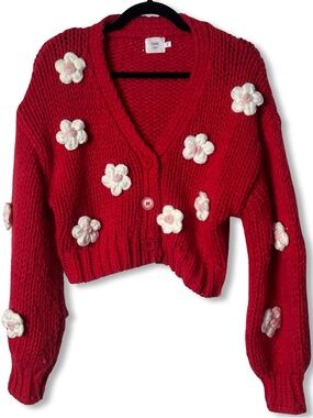 Luna Ivy Red 3D Crochet Flower Cropped Cardigan Chunky Knit Sz S